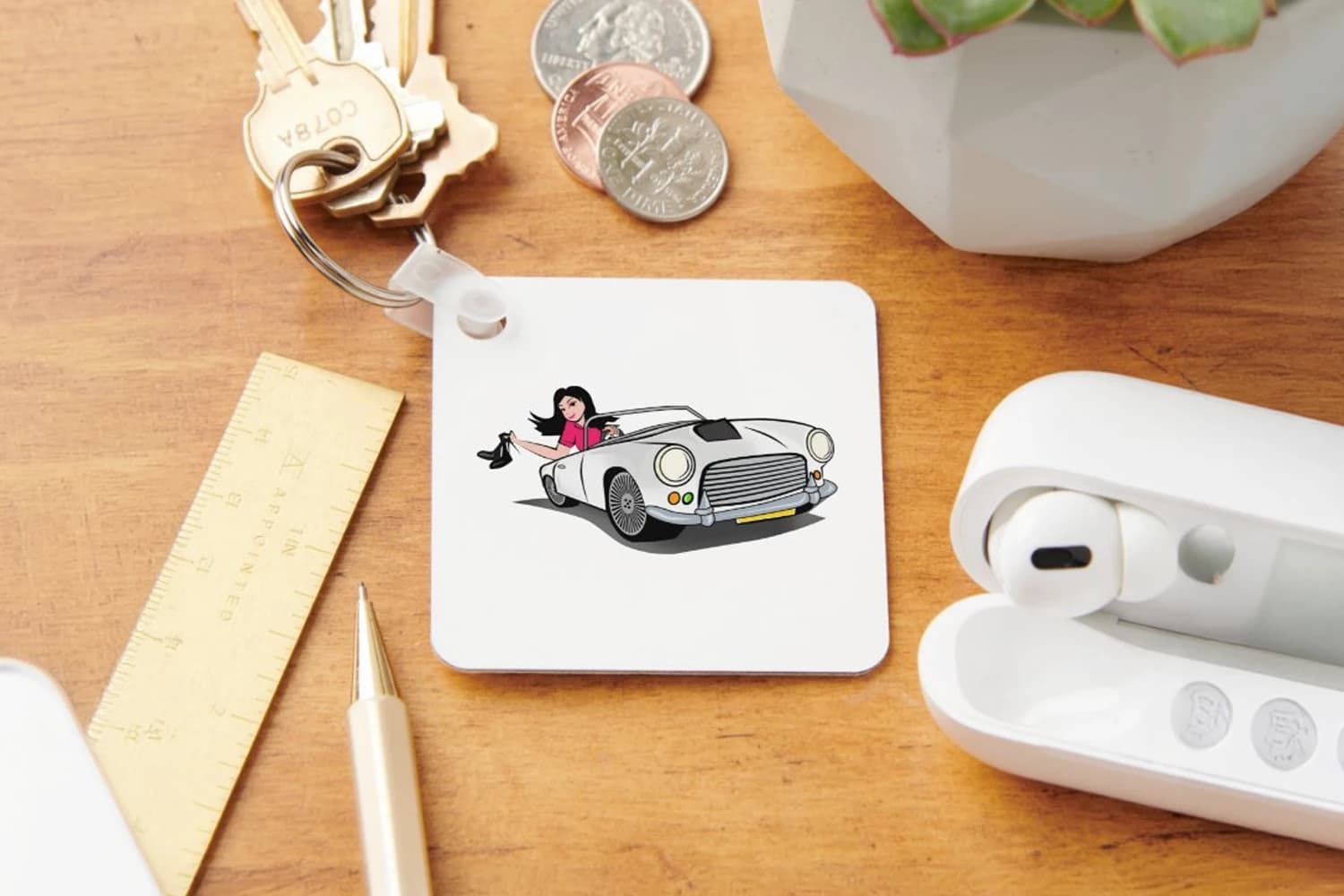 Branded keyring on a desk