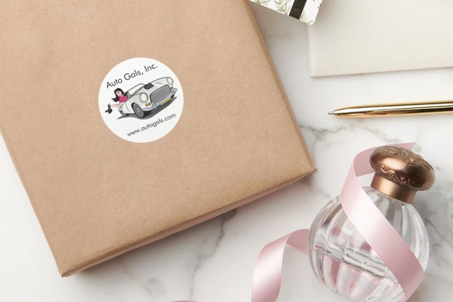 Branded sticker on a wrapped gift
